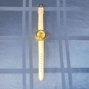 Isaac Mizrahi Live! Slim Leather Band Watch, White, Goldtone.